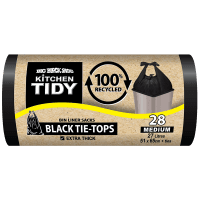 Kitchen Tidy Black Tie-Tops 100% Recycled Bin Liner Sacks Medium 51 x 65cm (28pk)