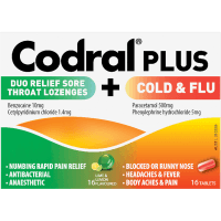 Lemon & Lime Flavour Codral Plus Cold & Flu + Sore Throat Lozenges (16pk)
