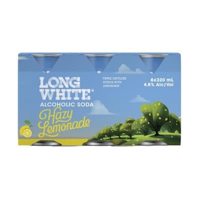 Long White Vodka Alcoholic Soda Hazy Lemonade 4.8% Cans 6x320ml