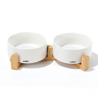 M-PETS Opera Raised Ceramic Cat and Dog Bowl Set with Non-Slip Bamboo Stand - 850mL, White