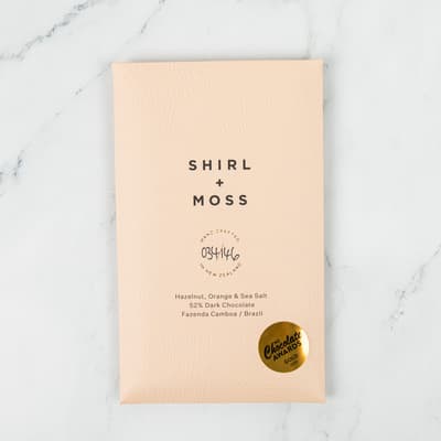Shirl & Moss Hazelnut Orange And Sea Salt 52% Dark Chocolate 80g