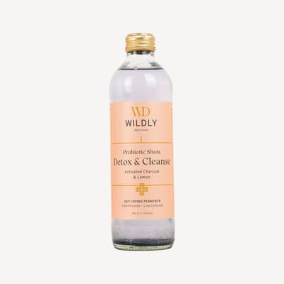 Wildly Delicious Probiotic Shots Detox Charcoal Lemon Ginger 350ml