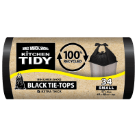 Kitchen Tidy Black Tie-Tops 100% Recycled Bin Liner Sacks Small 44 x 49cm (34pk)