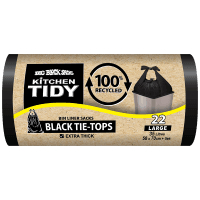 Kitchen Tidy Black Tie-Tops 100% Recycled Bin Liner Sacks Large 58 x 70cm (22pk)