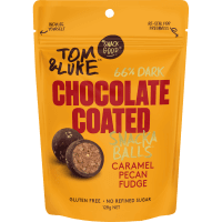 Caramel Pecan Fudge Choc 66% Dark Chocolate Coated Snackaballs (128g)