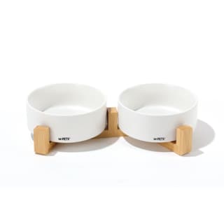 M-PETS Opera Raised Ceramic Cat and Dog Bowl Set with Non-Slip Bamboo Stand - 350mL, White