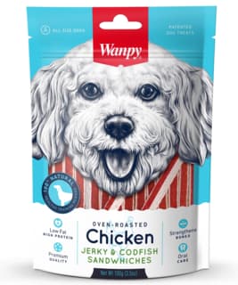 Wanpy Oven Roasted Chicken Jerky & Codfish Sandwiches Dog Treats - 100g